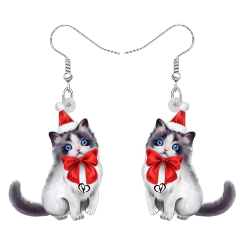 LONYOO Neuheit Anime Katze Weihnachten Ohrringe Dangling Acryl Rot Santa Hut Kätzchen Schmuck Mädchen Frauen Geschenke für Weihnachten (Grau) von LONYOO