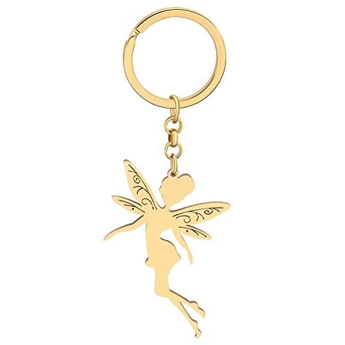 LONYOO Niedliche Elf Schmetterling Fee Schlüsselanhänger Edelstahl Flügel Schmuck Geschenke für Frauen Mädchen Handtasche Autoschlüssel (Vergoldet) von LONYOO