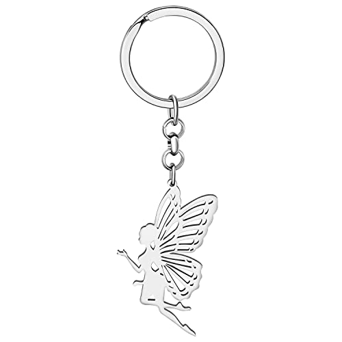 LONYOO Niedliche Elf Schmetterling Fee Schlüsselanhänger Edelstahl Flügel Schmuck Geschenke für Frauen Mädchen Handtasche Autoschlüssel (Versilbert 157) von LONYOO