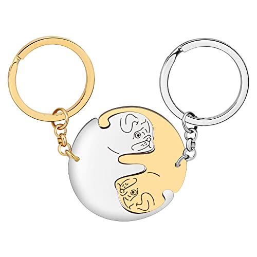 LONYOO Paare Hund Schlüsselanhänger Edelstahl Mops Dackel Geschenke für Frauen Mädchen Auto Schlüssel Handtasche Schmuck (Vergoldet Pug) von LONYOO