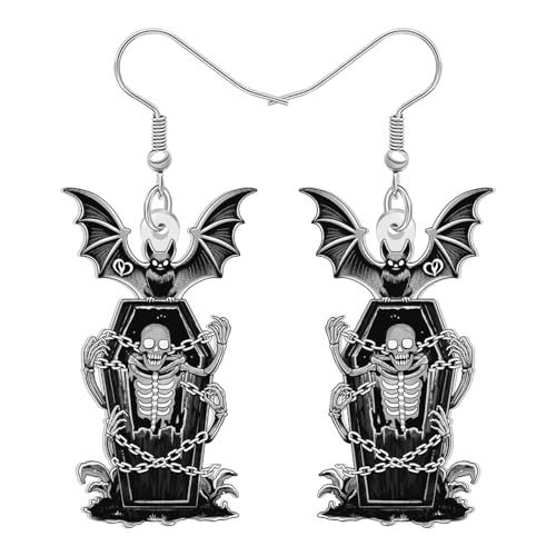 LONYOO Skelett Sarg Fledermaus Ohrringe für Damen Mädchen Acryl Halloween Ohrringe Hängend Gothic Fledermaus Schmuck Gruselige Geschenke Halloween Kostüme Partei Zubehör (Schwarz) von LONYOO