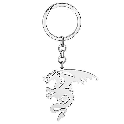 LONYOO Walisischer Drache Schlüsselanhänger Edelstahl Fantasie Drachen Dinosaurier Geschenke für Frauen Mädchen Autoschlüssel Charms (Versilbert) von LONYOO