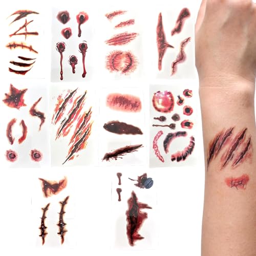 LONZIKP 10 Bogens Temporäre Tattoos Wasserdicht Gesicht Aufkleber Mit Gefälschten Scab Blut Kratzern Realistisches Motive für Halloween Wunden Narben Karneval Schminken von LONZIKP
