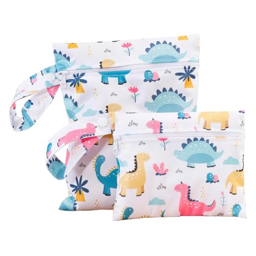 LONZIKP 2 Stück Wetbag Nasstaschen Wickeltasche Wäschesack Stoffwindeln Taschen Wiederverwendbarem Wasserdicht Organiser Nassbeutel Dry Wet Bags Fitness Reise Strand (Dinosaurier) von LONZIKP