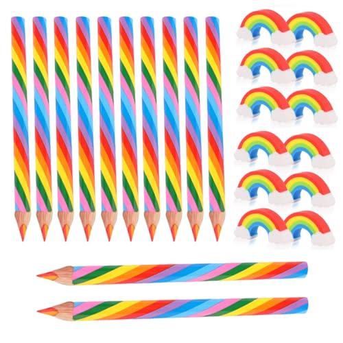 LONZIKP 24 Stück Regenbogen Buntstifte Set, Jumbo Buntstifte Kinder, 12 Regenbogenstift mit 12 Regenbogen Radiergummis, Geschenk für Kinder (Regenbogen) von LONZIKP