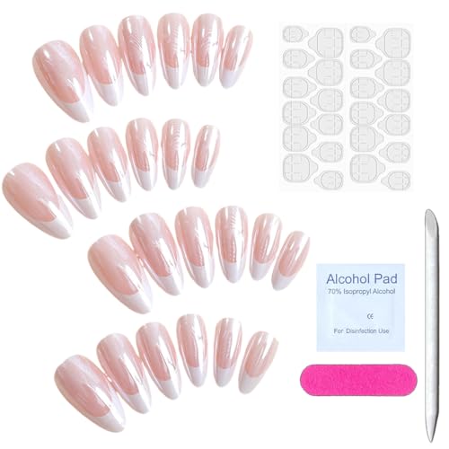LONZIKP 24pcs French Tipp Press on Nails Gefälschte Nägel Chrom Glänzend Vollabdeckung Falsche Nägel Klebe Akrylische Nägel für Frauen Maniküre (Mandel) von LONZIKP