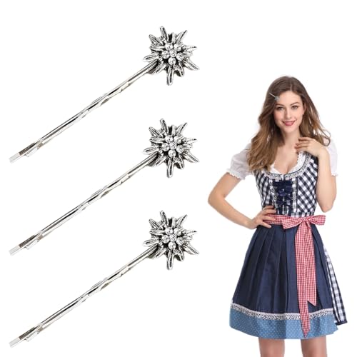 LONZIKP Edelweiss Haarspangen 3er Set Oktoberfest Haarschmuck für Damen Dirndl Trachten Accessoires Antik Silber Trachtenschmuck für Traditionelle Frisur von LONZIKP