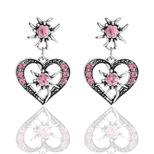 LONZIKP Trachten Ohrringe Damen mit Edelweiß Herz Dirndl Schmuck Rosa für Oktoberfest Trachtenschmuck in Antik Silber von LONZIKP