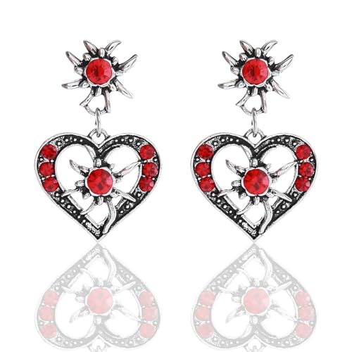 LONZIKP Trachten Ohrringe Damen mit Edelweiß Herz Dirndl Schmuck Rot für Oktoberfest Trachtenschmuck in Antik Silber(rot) von LONZIKP