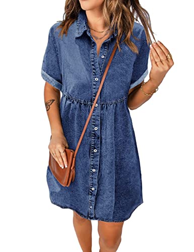 LOOKUB Damen Jeanskleid für Frauen Blau Jeanskleid Casual Sommer Kurzarm Jeanskleider mit Taschen, Marineblau, Mittel von LOOKUB