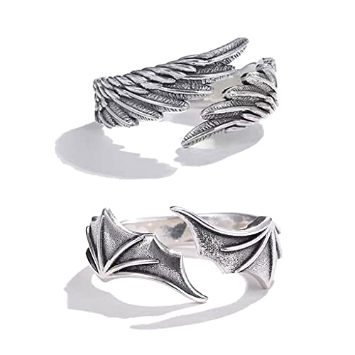 LOOMIKKE 2 x klassische einfache Engel-Dämonenflügel-Paar-Ringe im Retro-Stil für kreative Öffnung, verstellbarer Ring für Teenager-Mädchen, 1, Metall, Kein Edelstein von LOOMIKKE