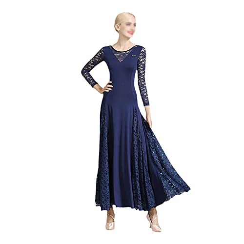 LOOMLO Spitze Ballsaal Tanzkleid Damen Langarm Walzer Tango Tanzkleider Standard Ballroom Kleid, marineblau, L von LOOMLO