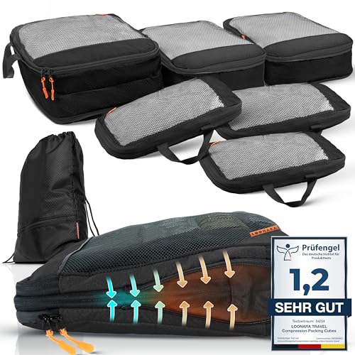 Compression Packing Cubes Set für mehr Platz im Koffer & Backpack - Packwürfel Packing Cubes Compression als Rucksack Organizer - Travel Packtaschen Reise - Camping Zubehör & Wander Ausrüstung von LOONARA Travel