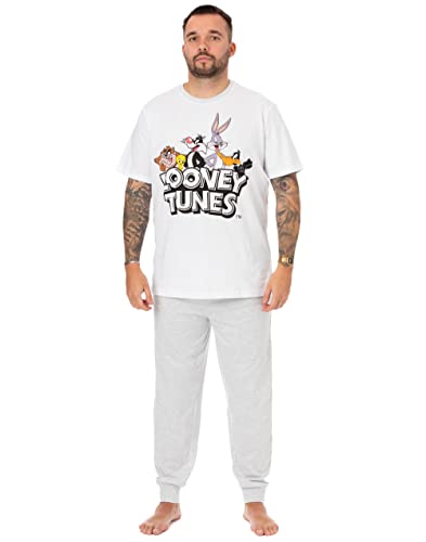 LOONEY TUNES Herren Pyjama | Character Lounge Hose und T-Shirt Grau Pyjama-Set | Klassisches Logo Bugs Bunny Taz Daffy Duck | Nachtwäsche Geschenke für Ihn Fanartikel von LOONEY TUNES