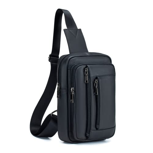 LOONGYOON Neue Herren Leder Umhängetasche Retro Casual Vertikale Tasche Business Travel Multi Zipper Pocket Handtasche Brust Crossbody (Schwarz) von LOONGYOON