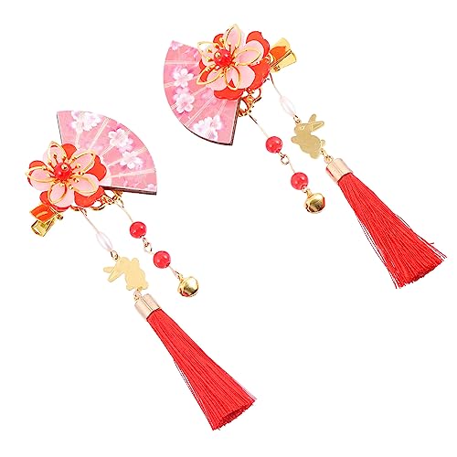LOORGVEL 2 Stück Japanischer Haarschmuck Rote Fächer Haarspangen mit Perlen Quasten und Glöckchen Langlebige und Accessoires für Damen und Mädchen von LOORGVEL