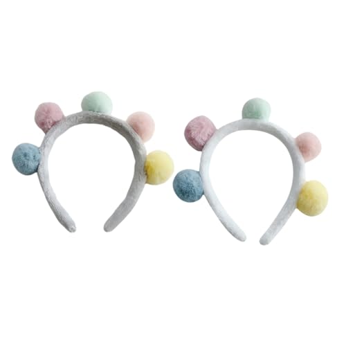 LOORGVEL 2 Stück Pompon Ball Haarreif Teilig Farbenfrohes Flauschiges Stirnband mit Plüschbällen Weiches Elastisches Haarzubehör für Mädchen und Frauen Geeignet für Partys Cosplay und von LOORGVEL