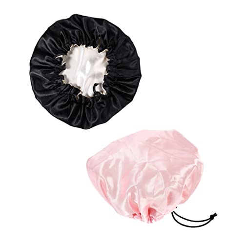 LOORGVEL 2 Stück Schlafhaube Verstellbare Satin Mütze für Mädchen Doppel Layer zum Schlafen und Duschen Schwarz für Haar Am von LOORGVEL