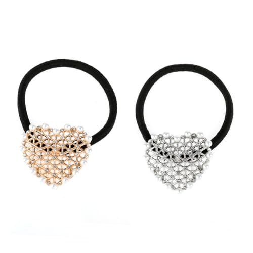 LOORGVEL 2 Stück Teiliges Lady Hair Rope mit Herzform Modische Haargummis aus Metalllegierung mit Perlen und Strass Dehnbare Ponytail Hair Ties für Frauen und Mädchen Gold silberfarben von LOORGVEL