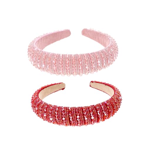 LOORGVEL 2 Stück Teiliges Strass Haarband Luxuriöser Haarreif mit Funkelnden Schmucksteinen Handgefertigtes Geflochtenes Damen Kopfschmuck für Geburtstag Party und Alltag Rot Rosa von LOORGVEL