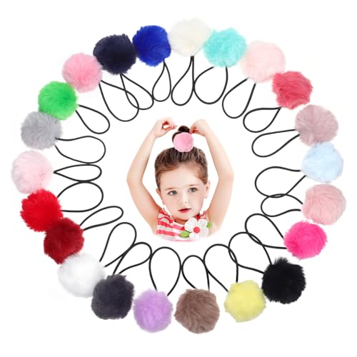 LOORGVEL 22 Stück Teiliges Haargummi mit Bunten Pompons Elastische Schonende Haarbänder für Mädchen Vielseitig Verwendbar Farbecht und Langlebig Geeignet für Dünnes Dickes Haar von LOORGVEL