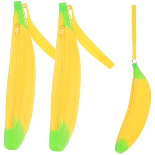 LOORGVEL 3 Stück Bananenförmiges Silikon Mäppchen mit Großem Fassungsvermögen Cartoon Federmäppchen für Praktischer Schreibwarenhalter mit Glattem Reißverschluss und Handlichem Trageband von LOORGVEL