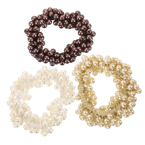 LOORGVEL 3 Stück Elastische Perlen Haarbänder Dehnbare Haargummis mit Weißen Cremefarbenen und Braunen Kristallperlen Vielseitiger Haarschmuck für Damen Geeignet für Pferdeschwanz Dutt und von LOORGVEL