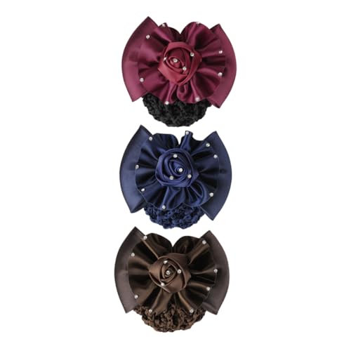 LOORGVEL 3 Stück Teiliges Haarnetz für Damen mit Schleifen und Rosen Design Haar Snoods für Dutt Pflegeleichtes Haarschmuck in Kaffee Blau für Formelle und Anlässe von LOORGVEL