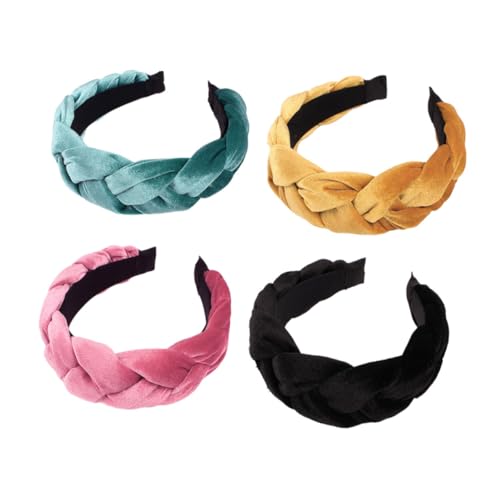 LOORGVEL 4 STÜCKE Teiliges Geflochtene Haarreifen aus Samt Geknotete Stirnbänder für Frauen Elastisch Modisch Vielseitig Kombinierbar in Schwarz Gelb und Grün von LOORGVEL
