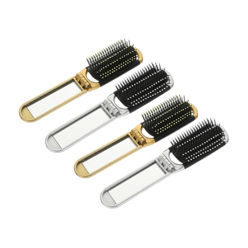LOORGVEL 4 Stck. Faltbare Mini-haarbürste mit Spiegel in Gold und Silber Kompakt Leicht Tragbar Klappbar für Reisen Massage Entwirrfunktion Praktisch für Damen und Herren von LOORGVEL