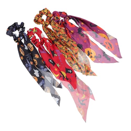 LOORGVEL 4 Stück Halloween Haargummis mit Kürbis und Elastische Haarschleifen für Damen Schonende Haarbänder für Pferdeschwanz Festlich und Hautfreundlich für Lange Haare von LOORGVEL