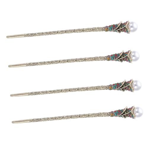 LOORGVEL 4 Stück Teiliges Retro Haarstäbchen mit Künstlichen Perlen und Funkelnden Strasssteinen Elegante Haarnadeln für Damen und Mädchen Sicherer Halt für Duttfrisuren bei Hochzeit und von LOORGVEL
