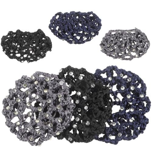 LOORGVEL 6 Stück Teiliges Haarnetz für Damen Elastisches Brötchen netz mit Strasssteinen Dünnmaschig und Stabil in Schwarz Blau für Ballett Hochzeit und Formelle Anlässe von LOORGVEL