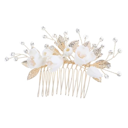 LOORGVEL Eleganter Braut Haarkamm Keramikblume mit Perlen und Reiskörnern Handgefertigter Kopfschmuck für Frauen Hochzeit Haarschmuck Goldfarbener Brautschmuck für Hochzeitsfeier von LOORGVEL