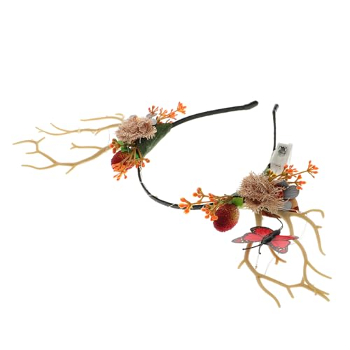 LOORGVEL Geweih Stirnband Reh Hirschgeweih Stirnbänder Haarreif aus Rentiergeweih Frohe Weihnachten Stirnband Weihnachtsfeier Plastikzweige Stoff falsche Früchte Zufällige Farbe von LOORGVEL