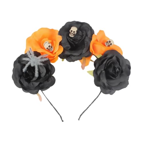 LOORGVEL Halloween Haarreif mit Blumen Spinnen und Schädel Komfortables Stirnband für Party und Cosplay Schwarzes und Orangefarbenes Festival Accessoire für Erwachsene von LOORGVEL