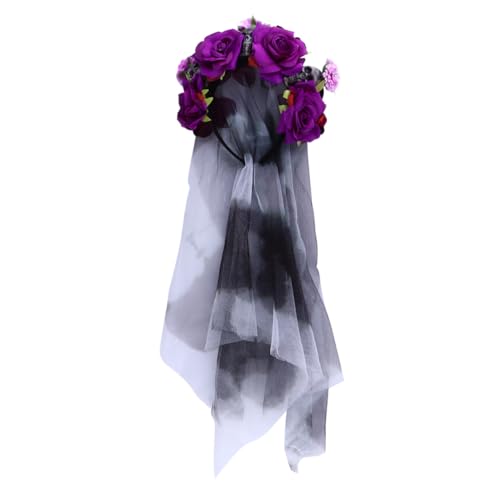 LOORGVEL Halloween Stirnband Totenkopf mit violetten Rosen Haarschmuck Cosplay Kopfbedeckung für Damen und Karneval Party Zubehör von LOORGVEL