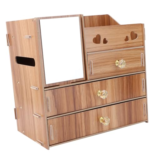 LOORGVEL Holz Kosmetik Organizer mit Spiegel und Multifunktionale Desktop Aufbewahrungsbox für Make Up und Kleinteile Langlebig und Platzsparend von LOORGVEL