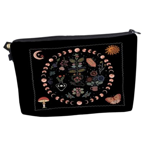 LOORGVEL Makeup Tasche Damen Mondphasen Blumen Design Zipper Kosmetiktasche Reise Schminktasche Handlich Tragbar Für Frauen Multifunktional Für Kosmetik Und Kleine Gegenstände von LOORGVEL