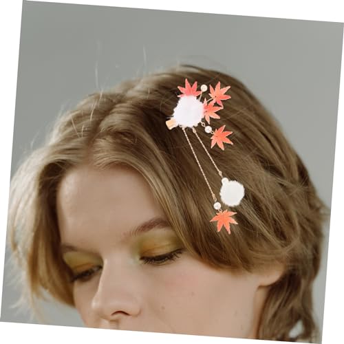 LOORGVEL Rote Maple Leaf Haarklammern mit Pompon Wollhaarnadeln für Teenager Mädchen Dekorative Haarspangen mit Metallkern Weich und Komfortabel Modischer Haarschmuck für Alltag und Saison von LOORGVEL