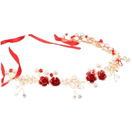 LOORGVEL Rotes Braut Stirnband mit Blumen Eleganter Hochzeitsschmuck Leichter Kopfschmuck für Damen Vielseitiges Haarschmuck Accessoire für Bankette und Festliche Anlässe von LOORGVEL