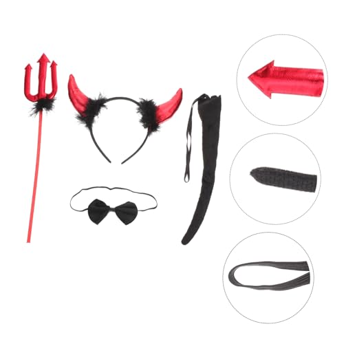 LOORGVEL Teufel Kostüm Zubehör Set Teilig mit Roten Stoffhörnern Schwarzem Kunstfell Haarreif Gabel und Fliege für Halloween Karneval Cosplay und Party Accessoires von LOORGVEL