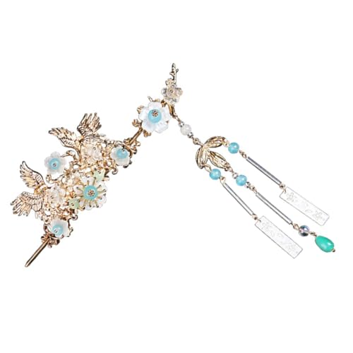 LOORGVEL Vintage Chinesischer Haarschieber mit Metallstab und Blauer Quaste Eleganter Haarstab für Pferdeschwanz Antiker Haarschmuck für Frauen Sicherer Geeignet für Hochzeit und Alltag von LOORGVEL