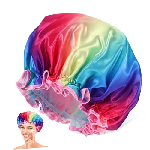 LOORGVEL Wiederverwendbare Große Elastische Duschhaube für Damen und Herren Doppellagige Wasserdichte Haarhaube mit Buntem Regenbogen Design Komfortabel und Passend für Verschiedene LOORGVEL Wiederverwendbare Große Elastische Duschhaube für Damen und Herren Doppellagige Wasserdichte Haarhaube mit Buntem Regenbogen Design Komfortabel und Passend für Verschiedene von LOORGVEL