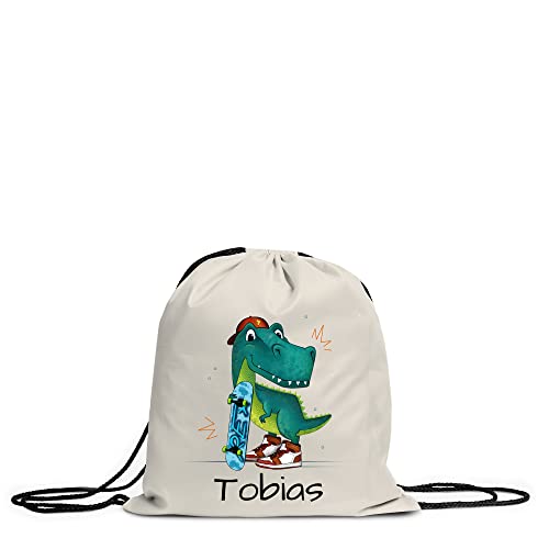 LOOXIS Personalisierter Turnbeutel für Kinder mit Namen & Motiv bedruckt – Kordelzug, Leinenhaptik – Geschenkidee Jungen, Mädchen, Einschulung, Sport, Spielzeugsack, Wechselkleidung – Skater T-Rex von LOOXIS