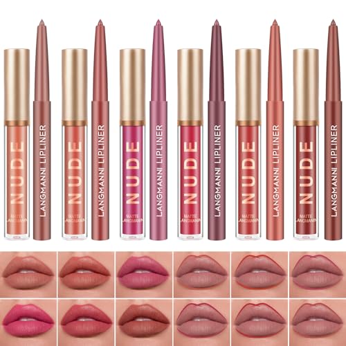 6 Stück Matt Flüssiger Lippenstift & 6 Stück Lip Liner, Langlebiger und Wasserdichter Non-Stick Cup High Pigmented Samt Lipgloss Kit, Schönheitskosmetik Geschenk für Mädchen (12 Stück-B) von LOPHE