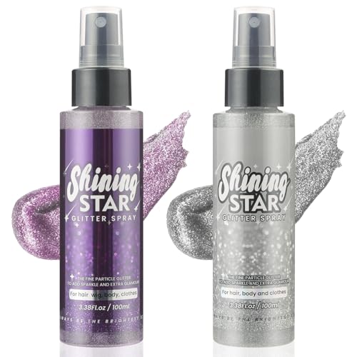 LOPHE Glitzer Spray Haare und Körper, 100 ml Glitter Spray für Face und Body, Body Glitter Spray für Haut Haar Powder Glitzerspray Haare Körper Für Weihnachten Rave Party, Silber+Lila (2 Stücke) von LOPHE