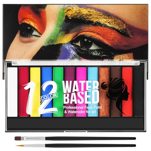 LOPHE Kinderschminke Set, 12 Farben Schminkfarben Schminkpalette, Waschbar Face Paint Body Paint für Kinder und Erwachsene, Schminkset mit 2 Pinsel, Körperfarbe für Halloween Karneval Make-up Fasching von LOPHE