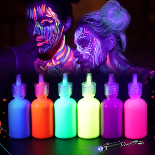 LOPHE UV-Licht Bodypainting Schminke Schwarzlicht Körperfarbe für Body, 6 x 30 ml Kinderschminke Set, Waschbar Face Paint für karneval Weihnachten Partyschminke Körperfarbe (A) von LOPHE