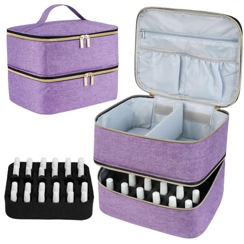 LOPHE Kosmetiktasche, Doppellagige Tragbare Reise Schminktasche Damen, Nagellack Organizer Mit Fächern Für 30 Flaschen Und Nagellampe, Make Up Kosmetikkoffer Tasche Mit Nagellack Aufbewahrung (Lila) von LOPHE